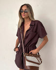 Solid Color Short Sleeve Jumpsuit with Shirt Collar