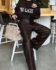 High Waist Brown PU Wide Leg Pants for Women
