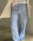 Casual Blue Striped Wide Leg Pants for Women
