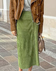 Avocado Green Suede Midi Skirt for Women