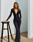 Lace Deep V Neck Long Sleeve Black Jumpsuit
