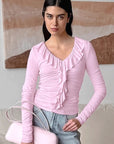 Pink Ruffled Long Sleeve Top for Women