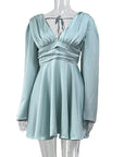Elegant French Satin Long Sleeve Dress with V-Neck