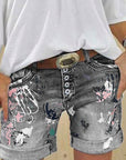 High-Waisted Elastic Printed Denim Shorts