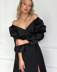 Elegant Black V-Neck Lantern Sleeve Dress