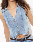 Fashionable Women's V-Neck Denim Vest