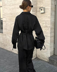 French Design Waist-Tie Long Sleeve Pants Set