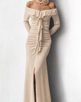 Elegant Off-Shoulder Split Dress with Ruffle Hem
