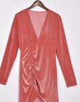 Solid Color Long Sleeve Dress with V-Neck