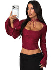 Lace Sheer Long Sleeve Top with Tie