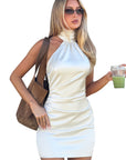 New Sexy Backless Halter Satin Mini Dress