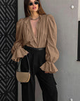 French Jacquard Puff Sleeve Shirt for Casual Style