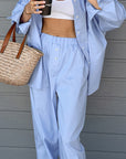 Blue Loose Long Sleeve Casual Shirt and Pants Set