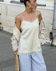 Elegant Lace Trim Satin Cami Top