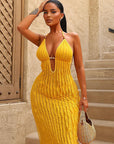 Sexy Backless Halter Deep V Striped Dress