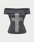 Summer Short Sleeve Off-Shoulder Striped Top