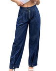 High Waist Zipper Cuffed Denim Pants for Women