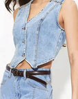 Fashionable Women's V-Neck Denim Vest
