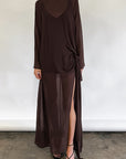 Brown Mesh Design Long Sleeve Dress with Bow Tie