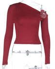 Retro Burgundy Rose Off-Shoulder T-Shirt for Women