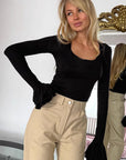 Black Ruffled Long Sleeve Knit Top for Women