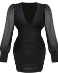 Elegant Black Chiffon Deep V Long Sleeve Dress