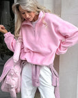 Trendy Pink Collared Fleece Sweatshirt for Women