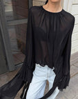 Chic Black Chiffon Top with Flare Sleeves