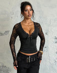 Lace Panel V-Neck Long Sleeve Top