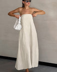Summer Casual Khaki Cotton Linen Strapless Dress