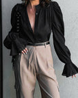 French Jacquard Puff Sleeve Shirt for Casual Style