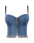 Sexy Backless Denim Crop Top with Fringe