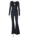 Lace Deep V Neck Long Sleeve Black Jumpsuit