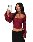 Lace Sheer Long Sleeve Top with Tie