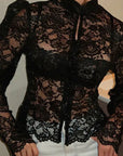 Fashionable Sexy Stand Collar Lace Puff Sleeve Shirt