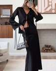 Elegant V-Neck Tie Top and Long Skirt Set