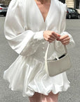 Elegant Vintage Autumn White V-Neck Lantern Sleeve Dress