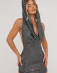 Stylish Sequin Hooded Backless Dress