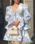 Elegant V-Neck Floral Long Sleeve Dress
