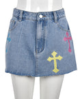 High Waist Denim Fringe Skirt with Embroidery