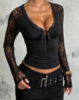 Lace Panel V-Neck Long Sleeve Top