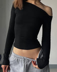 Chic Black Long Sleeve T-Shirt with Asymmetrical Design