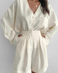 Chic Khaki V-Neck Shirt and Shorts Set