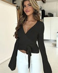 Casual V-Neck Bell Sleeve Top for Women