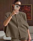 Chic Sleeveless Vest and Shorts Set in Khaki