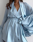 V-Neck Tie Waist Puff Sleeve Dress