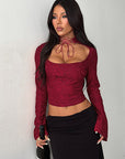 Lace Sheer Long Sleeve Top with Tie