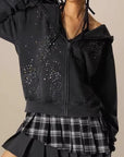 Trendy Loose-Fit Zip-Up Hoodie with Rhinestones