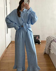 Casual Blue Ruffle Design Two-Piece Set