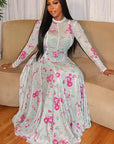 Fresh Floral Print A-Line Dress with Long Sleeves